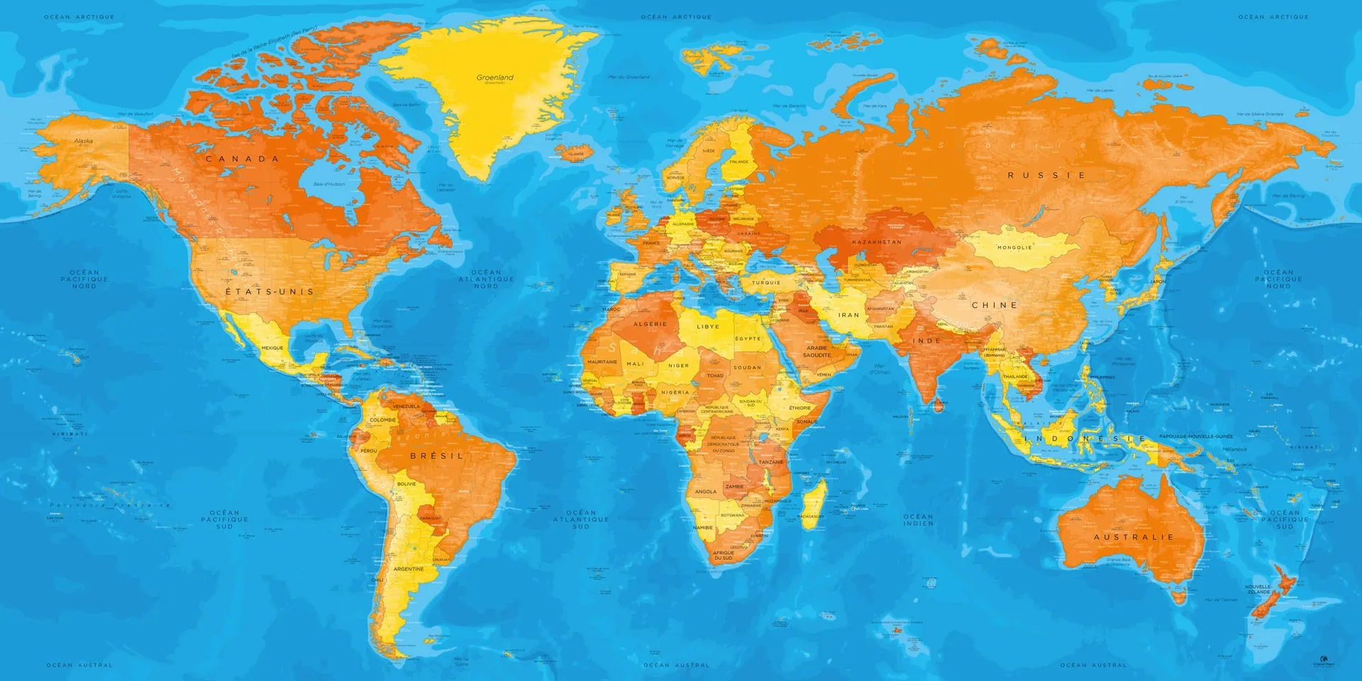 Carte mondiale avec area géographique en couleur, représentant les continents et pays, avec détails de l'océan Atlantique, Pacifique et Arctique.