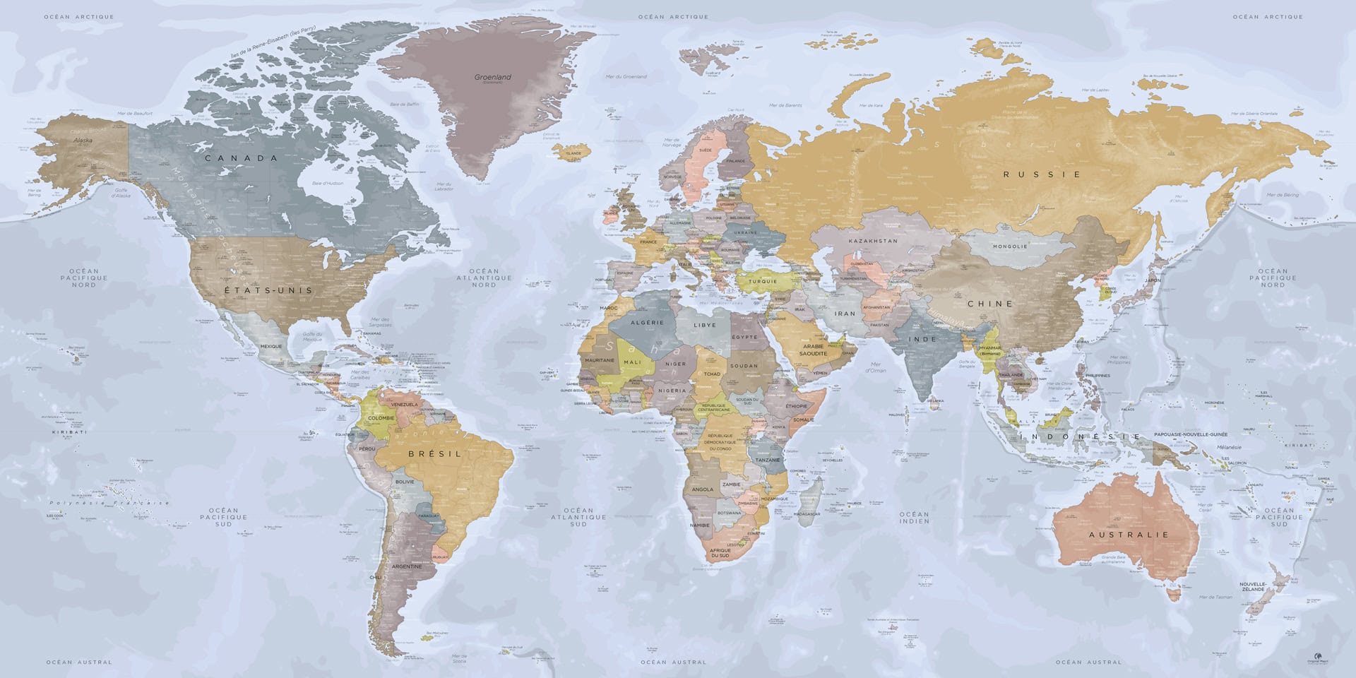 Mappemonde : grand tableau décoratif carte du monde avec reliefs