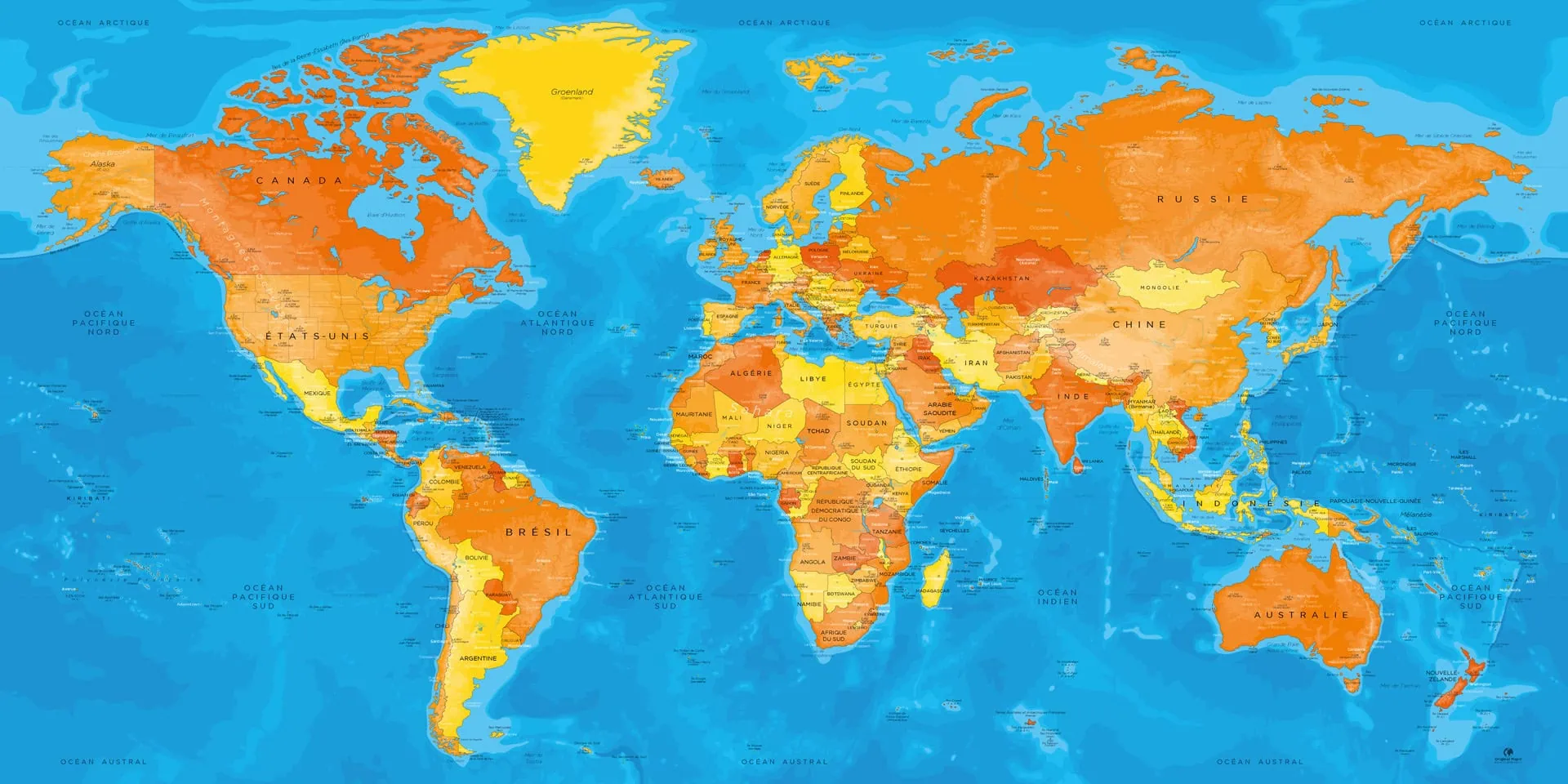 Afrique, Asie, Europe, Amérique, Océanie, carte du monde, planisphère, mappemonde, géographie, continents, nations, reliefs, océans, pays, cartographie.