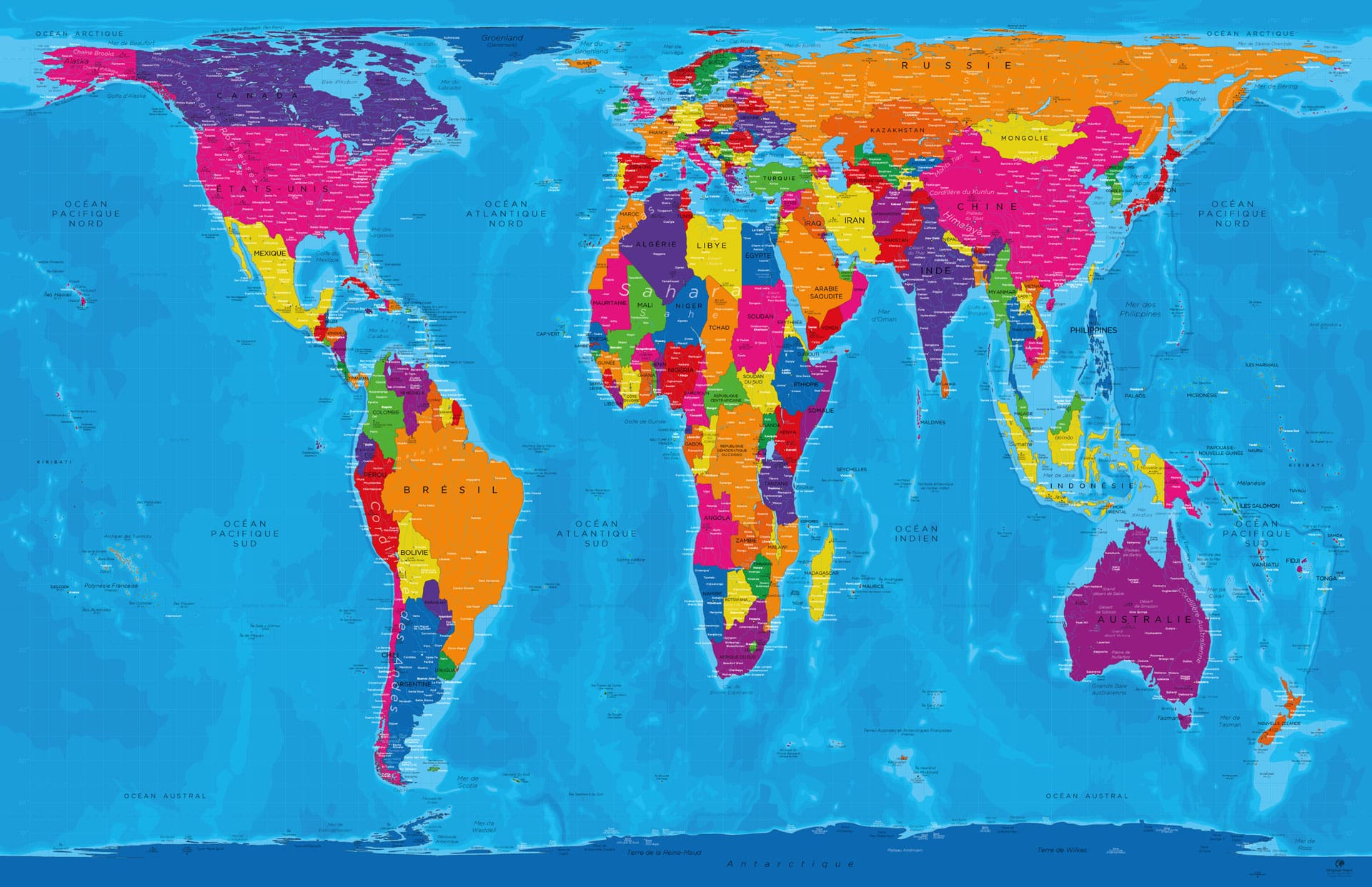 Mappemonde grise • La carte du monde originale en français.