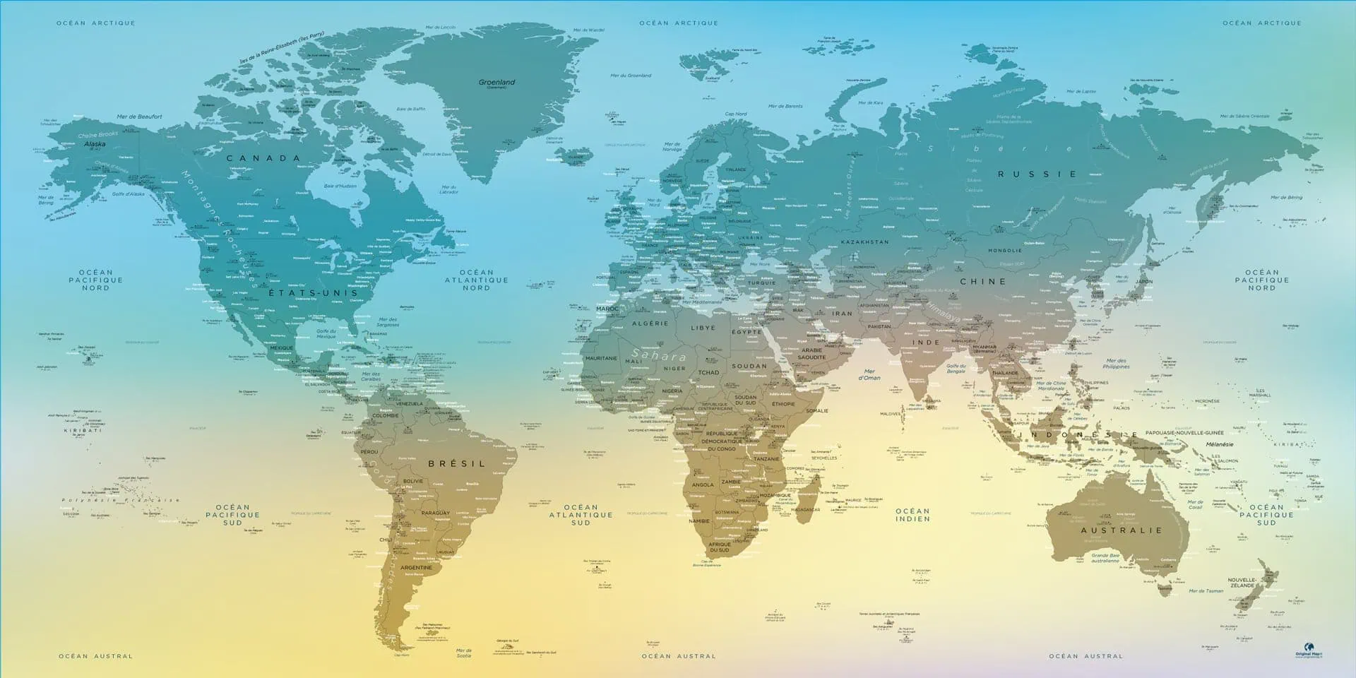 Carte du monde - planisphère, mappemonde et carte géographique pour affichage éducatif et décoration intérieure.