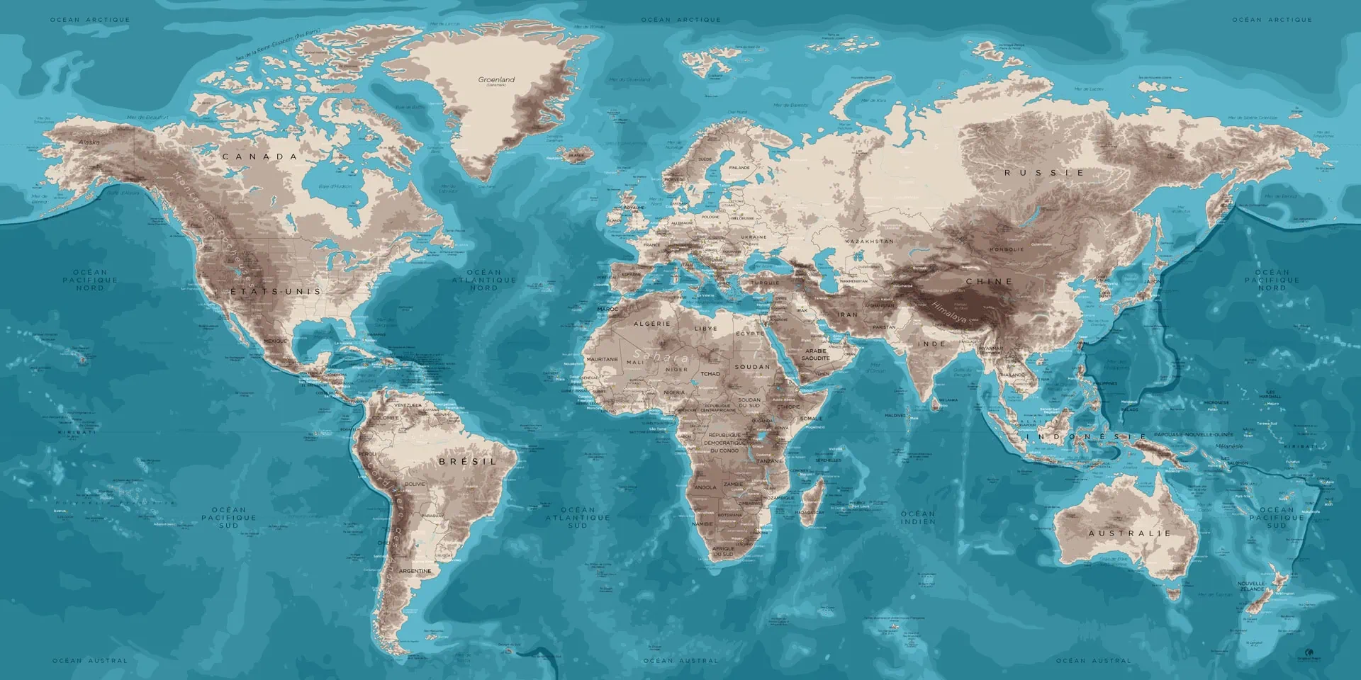 Planisphère du monde en couleurs pastel, carte géographique détaillée avec continents, océans, pays et reliefs, idéale pour l'apprentissage de la géographie mondiale.