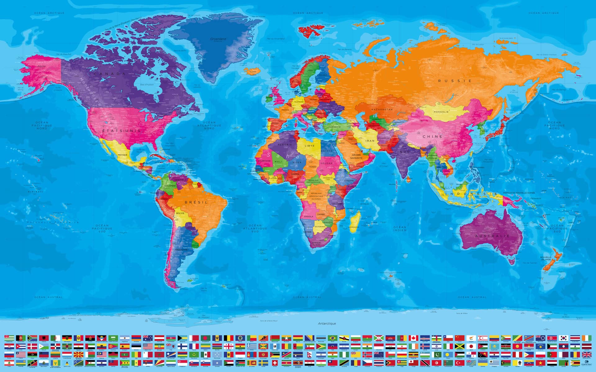 Carte du monde détaillée avec drapeaux